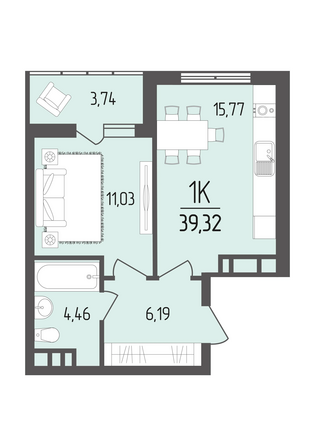 Планировка 1-комн 39,32 м²