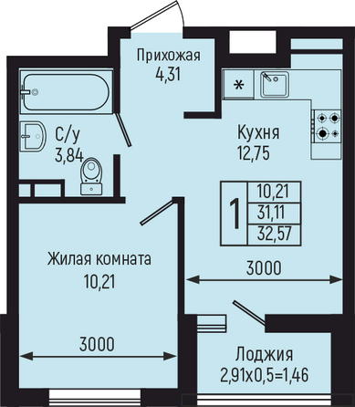 Планировка 1-комн 32,57 м²