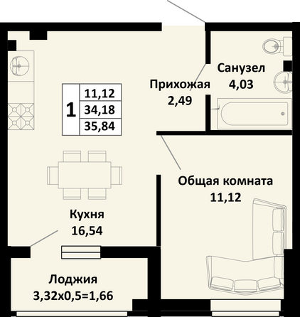 Планировка 1-комн 35,84 м²