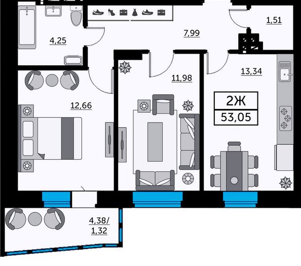 Планировка 2-комн 52,47 м²