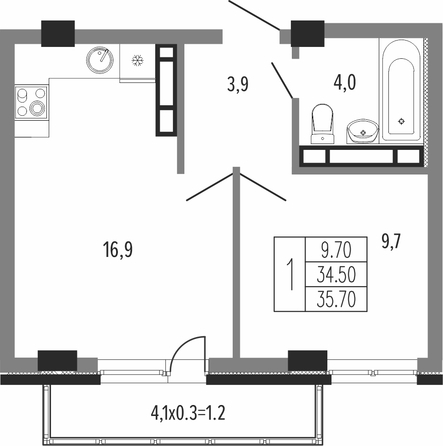 Планировка 1-комн 35,7 м²