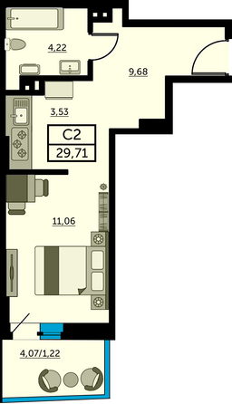 Планировка Студия 29,29, 29,65 м²