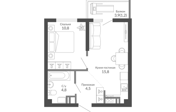 Планировка 1-комн 37,1 м²