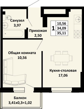 Планировка 1-комн 35,11 м²