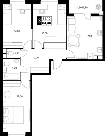 Планировка 3-комн 84,4, 84,6 м²