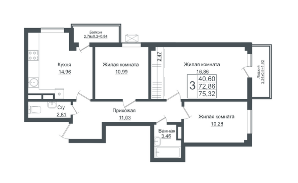 Планировка 3-комн 75,32 м²