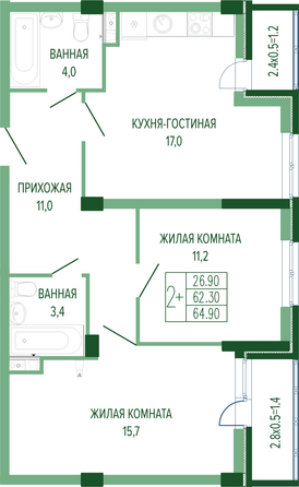 Планировка 2-комн 64,9 м²