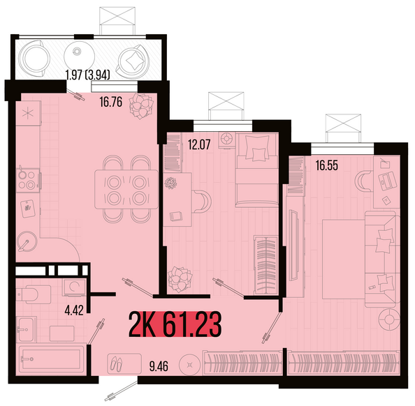 Планировка 2-комн 61,23 м²