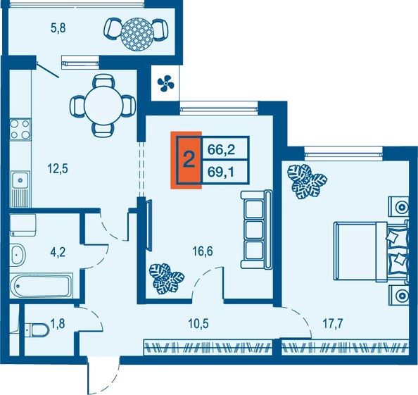 Планировка 2-комн 66,2, 66,8 м²