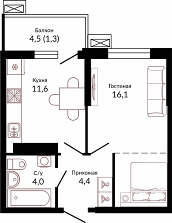 Планировка 1-комн 38,1 м²