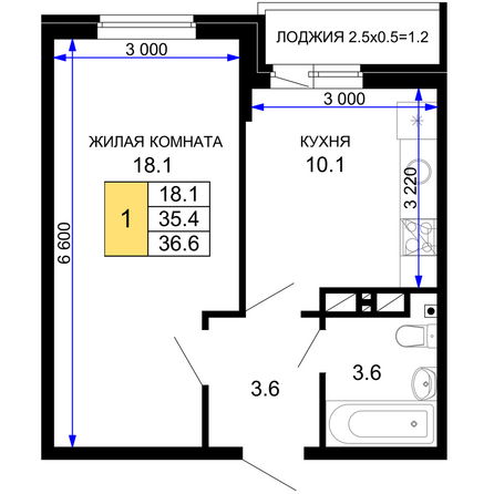 Планировка 1-комн 36,6 м²