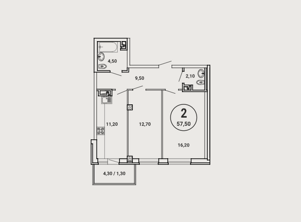 Планировка 2-комн 57,5 м²