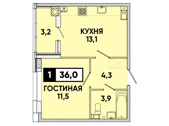 Планировка 1-комн 36 м²