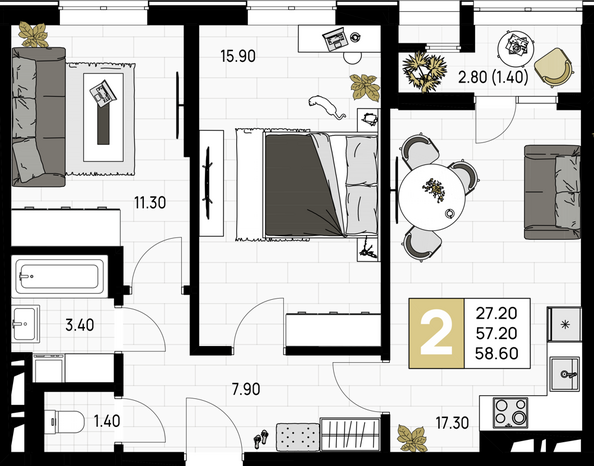 Планировка 2-комн 58,6 м²