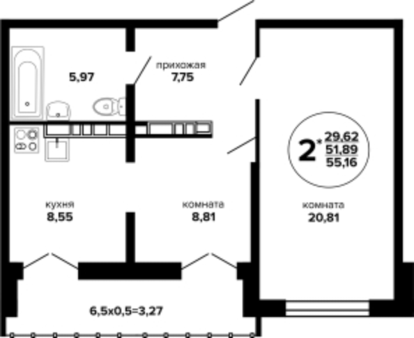 Планировка 2-комн 55,16 м²