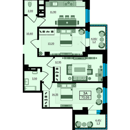 Планировка 3-комн 74,6, 74,7 м²