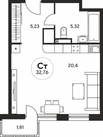 Планировка Студия 32,61 - 32,9 м²