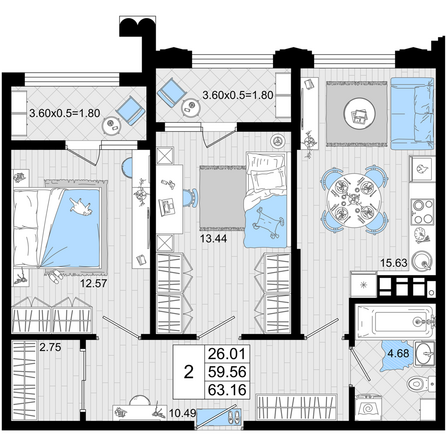 Планировка 2-комн 63,16 м²