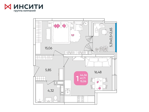 Планировка 1-комн 44,36, 44,38 м²