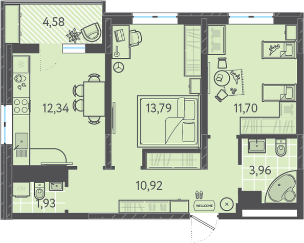 Планировка 2-комн 56,93 м²