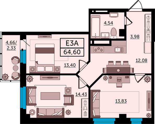 Планировка 3-комн 65,7, 65,8 м²