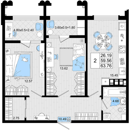 Планировка 2-комн 63,76 м²