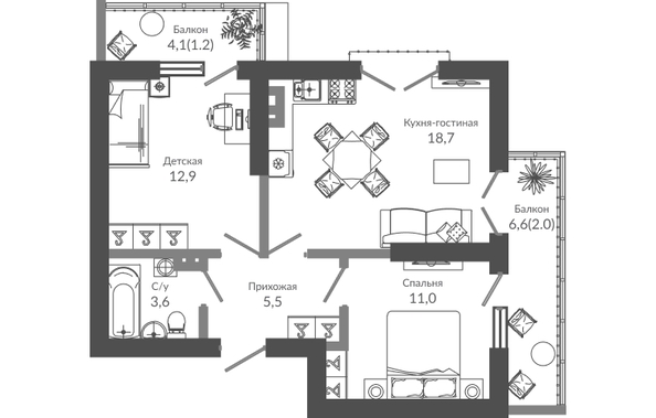 Планировка 2-комн 54,9 м²