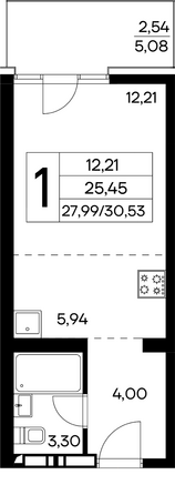 Планировка 1-комн 29,6 - 31,48 м²