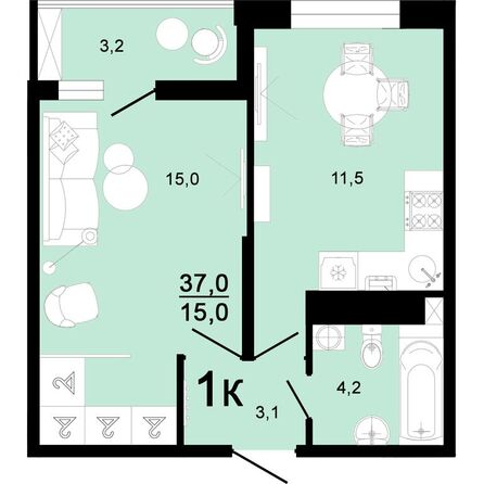 Планировка 1-комн 37 м²