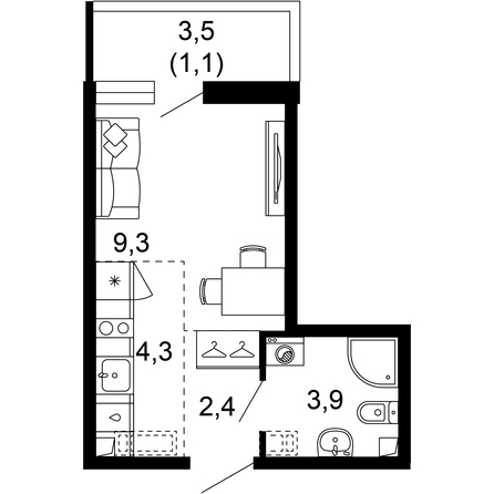 Планировка 1-комн 21 м²