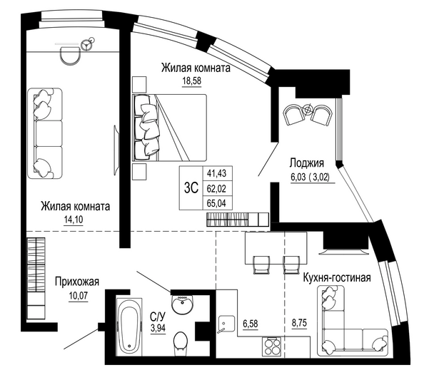 Планировка 3-комн 65,03 м²