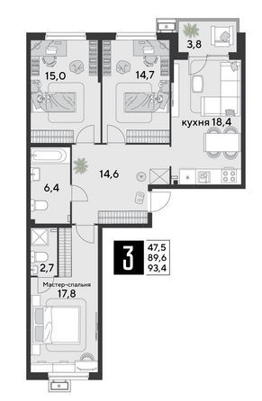 Планировка 3-комн 93,4 м²