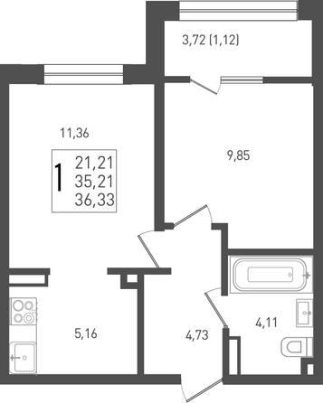 Планировка 1-комн 36,33 м²