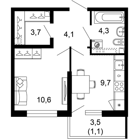 Планировка 1-комн 33,5 м²