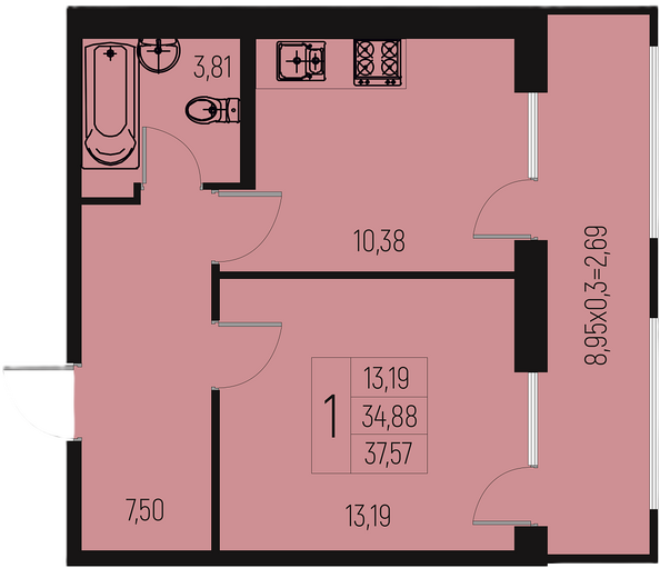 Планировка 1-комн 37,57 м²