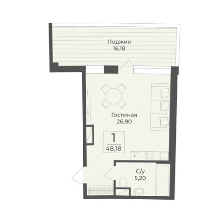 Планировка 1-комн 48,18 м²
