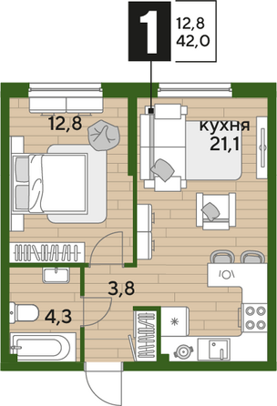 Планировка 1-комн 42 м²