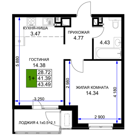 Планировка 1-комн 43,49 м²