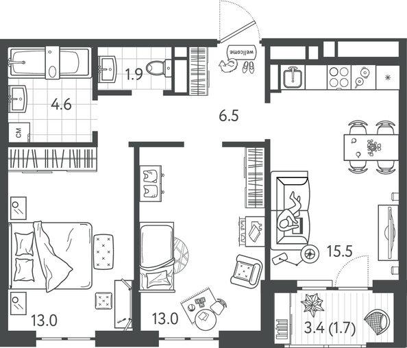 Планировка 2-комн 56,2 м²