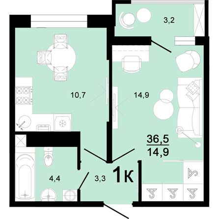 Планировка 1-комн 36,5 м²