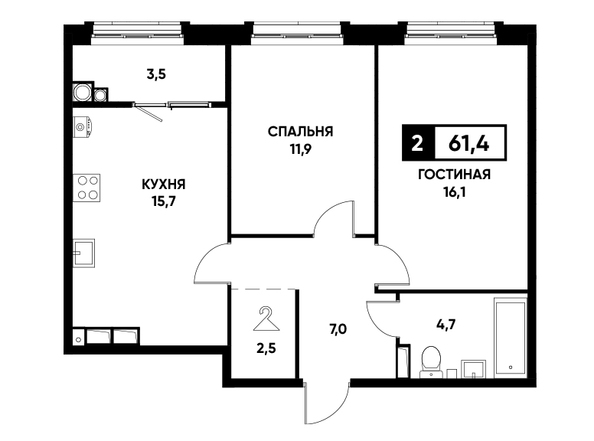 Планировка 2-комн 61,4 м²