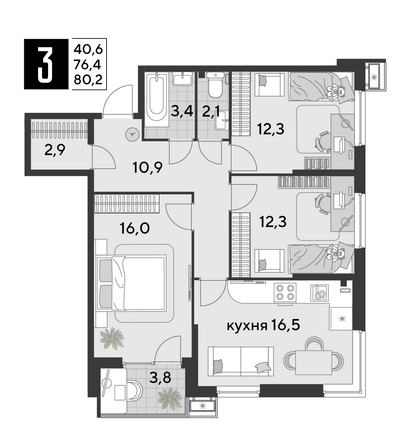 Планировка 3-комн 80,2 м²