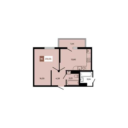 Планировка 1-комн 39,05 м²