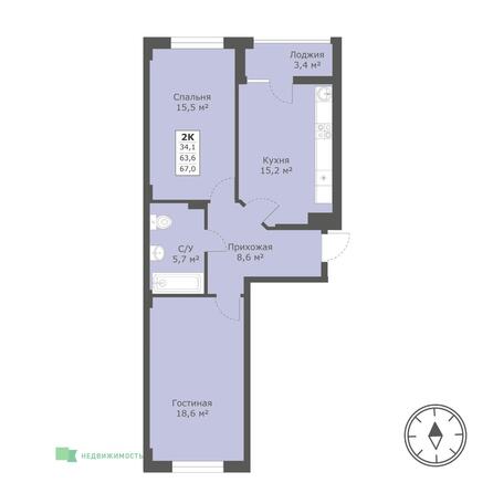 Планировка 2-комн 67 м²