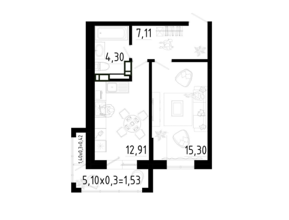 Планировка 1-комн 41,57 м²