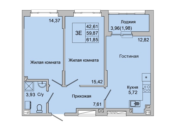 Планировка 3-комн 60,74 - 62,11 м²