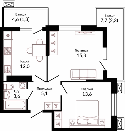 Планировка 2-комн 53,2 м²