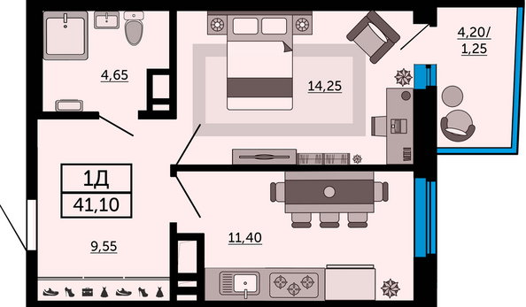 Планировка 1-комн 41,1 м²