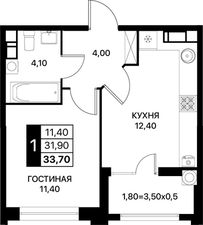 Планировка 1-комн 33,4 - 33,7 м²