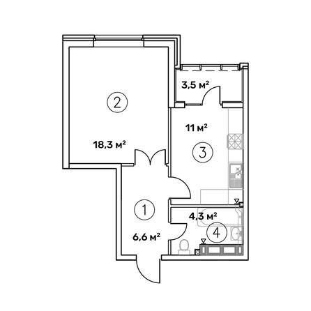 Планировка 1-комн 43,7 м²